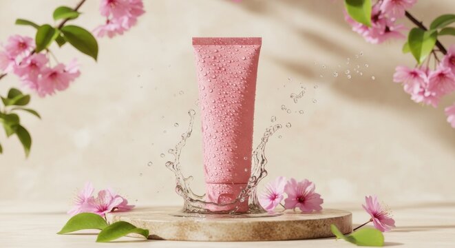 Pink cosmetic tube with water splash and cherry blossoms