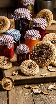 Jars and parasol mushrooms.