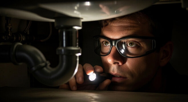 Male plumber examining pipes with flashlight under the sink