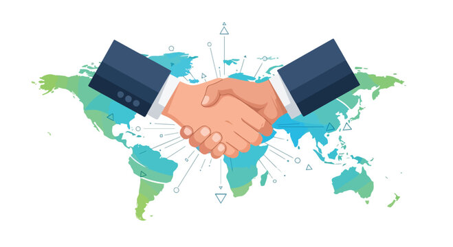 Illustration of two suited hands shaking over a colorful world map with connecting lines, symbolizing global partnership and geopolitic cooperation.