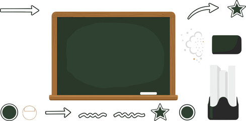 School Chalkboard Icon Set Featuring Blackboard Frame Chalk Eraser Decorative Arrows Stars and Classroom Teaching Elements Vector Illustration © Sufea