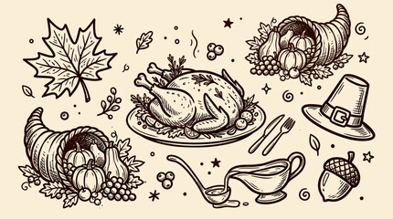 Hand drawn thanksgiving dinner elements set with roasted turkey and cornucopia