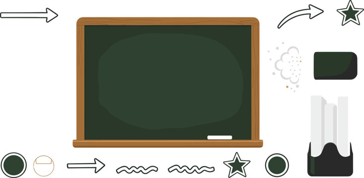 School Chalkboard Icon Set Featuring Blackboard Frame Chalk Eraser Decorative Arrows Stars and Classroom Teaching Elements Vector Illustration