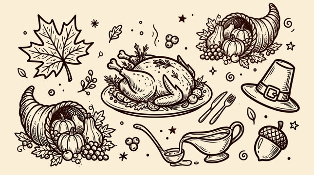 Hand drawn thanksgiving dinner elements set with roasted turkey and cornucopia