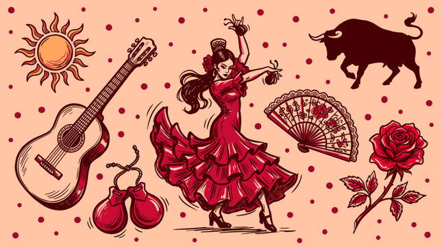 Spanish Flamenco Dancer with Guitar Bull and Rose Illustration
