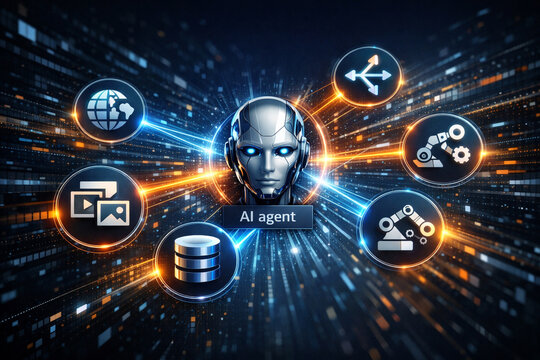 Glowing AI agent hub connected to icons for code, data, automation, web, writing. illustrating artificial intelligence, machine learning workflows. technology-driven automation in futuristic interface