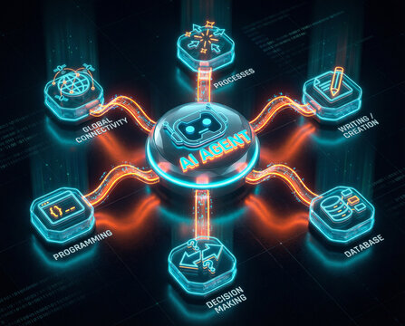 Glowing AI agent hub connected to icons for code, data, automation, web, writing. illustrating artificial intelligence, machine learning workflows. technology-driven automation in futuristic interface
