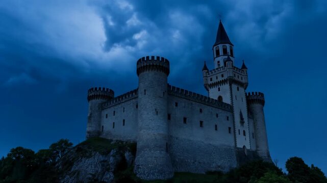 Castle medieval fortress with towers and battlements under stormy night sky with dark clouds featuring silhouette, architecture, historic with stone