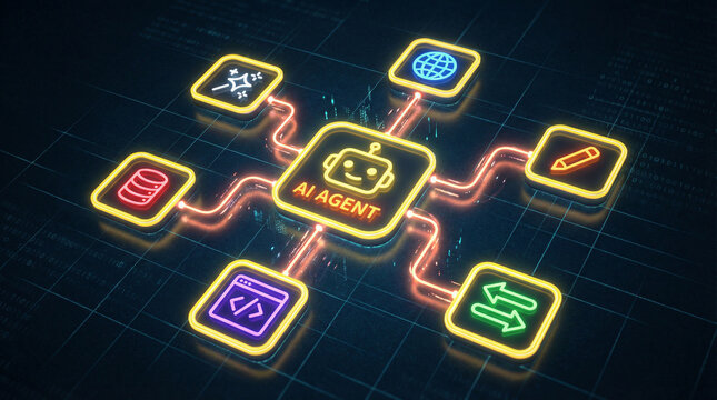 Glowing AI agent hub connected to icons for code, data, automation, web, writing. illustrating artificial intelligence, machine learning workflows. technology-driven automation in futuristic interface