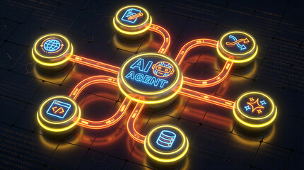 Fototapeta premium Glowing AI agent hub connected to icons for code, data, automation, web, writing. illustrating artificial intelligence, machine learning workflows. technology-driven automation in futuristic interface