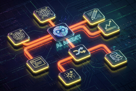 Glowing AI agent hub connected to icons for code, data, automation, web, writing. illustrating artificial intelligence, machine learning workflows. technology-driven automation in futuristic interface