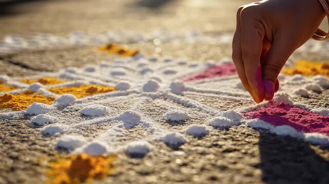 Woman hand making traditional Kolam with white powder for Puthandu