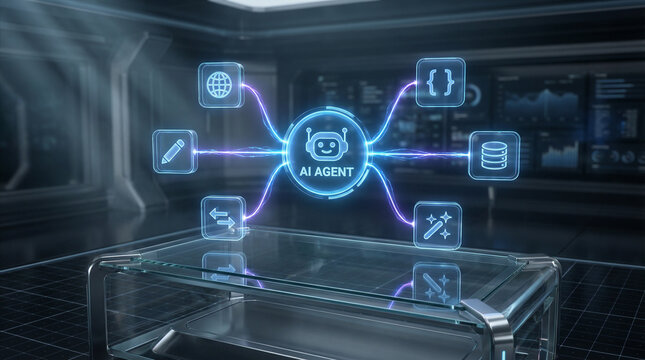 Glowing AI agent hub connected to icons for code, data, automation, web, writing. illustrating artificial intelligence, machine learning workflows. technology-driven automation in futuristic interface