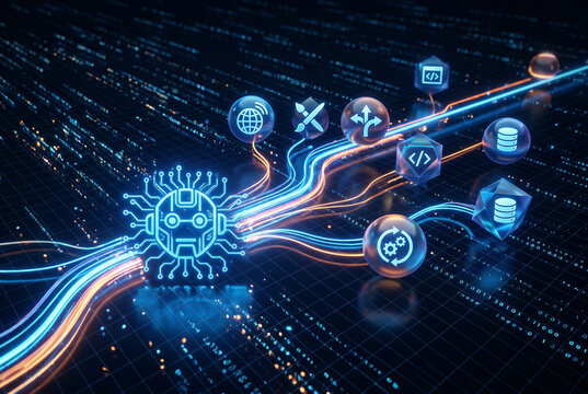 Glowing AI agent hub connected to icons for code, data, automation, web, writing. illustrating artificial intelligence, machine learning workflows. technology-driven automation in futuristic interface