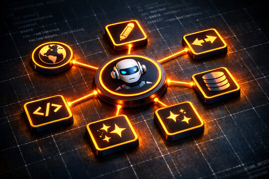 Glowing AI agent hub connected to icons for code, data, automation, web, writing. illustrating artificial intelligence, machine learning workflows. technology-driven automation in futuristic interface
