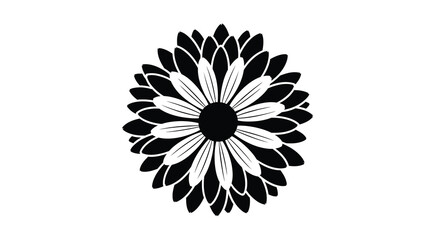 A striking black and white graphic illustration depicts a symmetrical stylized daisy like flower high quality © Pvect02