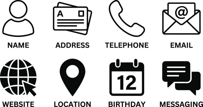 contact icons", "business card icons", "contact information icons", "vcard icons", "phone email icon set