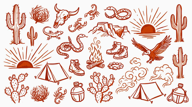 Set of hand drawn desert and camping elements in monochrome style