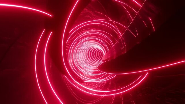 Tunnel neon red lights with swirling effect, abstract futuristic background featuring glow, bright, movement with speed and vortex elements for