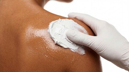 Fototapeta premium Dermatologist applying medicated cream to patient shoulder. Doctor in medical glove treating skin condition. Healthcare professional performing procedure for skin health and body care.