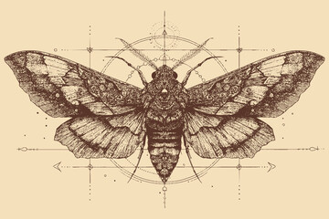 A line drawing illustration of a moth with intricate patterns on its wings, tattoo design template, vector illustration. © PanzaDesign