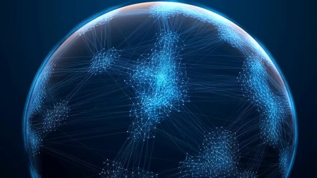 Globe with interconnected network lines and nodes on a dark background featuring connections, earth, world with map and digital elements for virtual,