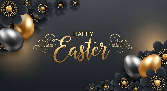 A sophisticated and festive Easter greeting featuring the words "Happy Easter" in elegant golden script.