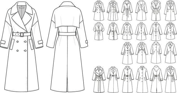Large collection of women trench coat technical drawings featuring various collar styles belted waists and double breasted designs for fashion tech packs and outerwear development.