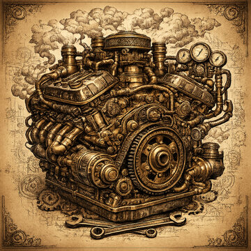 steampunk v8 engine blueprint, steampunk engine design, vintage mechanical blueprint, retro futuristic engine, v8 engine diagram, brass gears and pipes, victorian industrial style, steampunk machinery