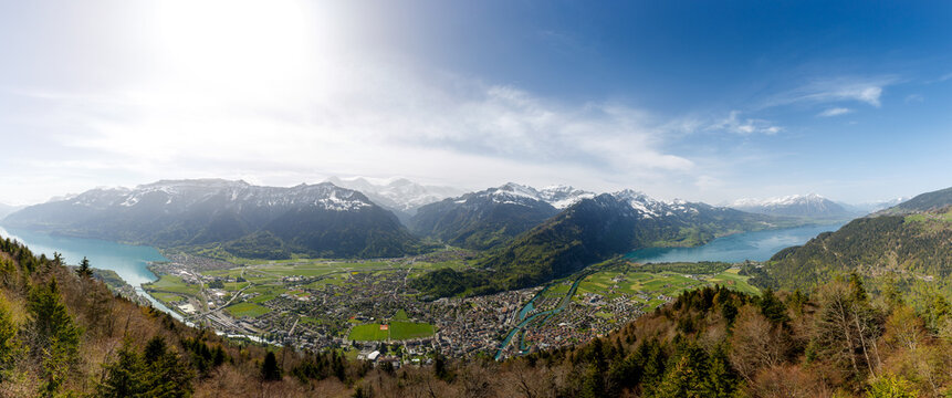 Interlaken, situated between Lake Brienz and Lake Thun, as seen from Harder Kulm