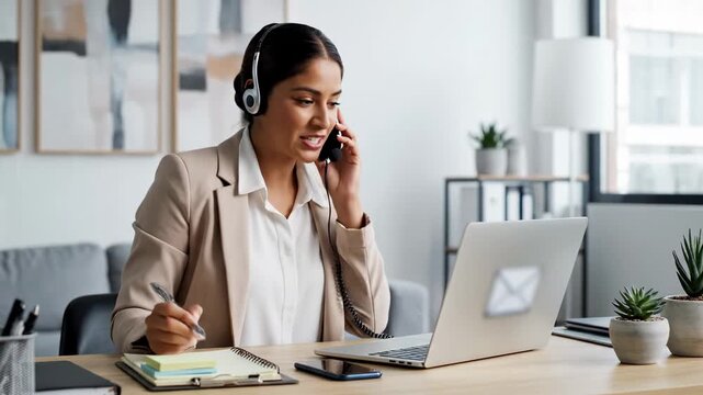 Professional woman working in a call center, multitasking by talking to a client on a headset, typing on her laptop, and writing notes to provide excellent customer support and service