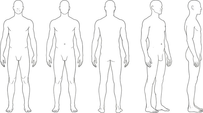 Male fashion technical drawing template featuring front back and side views of body croquis for menswear apparel design tech packs and garment development.