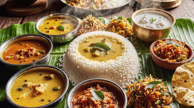 Traditional South Indian Meal Served on Banana Leaf for Puthandu