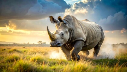 Fototapeta premium Majestic rhinoceros charging through the golden savanna landscape at sunset.