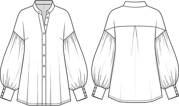 Women fashion blouse technical drawing vector featuring long balloon sleeves and mandarin collar for apparel design tech packs and garment manufacturing templates.