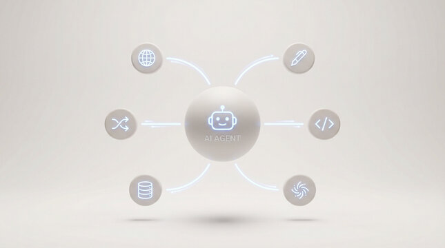 Glowing AI agent hub connected to icons for code, data, automation, web, writing. illustrating artificial intelligence, machine learning workflows. technology-driven automation in futuristic interface