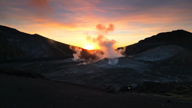 Dramatic Volcanic Landscape Featuring Fumarole Steam Venting Against a Fiery Sunset Horizon