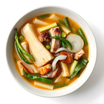 Traditional Filipino sinigang sour soup with pork, shrimp, vegetables and tamarind broth