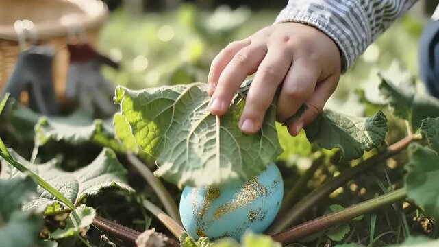 Child's hand gently lifts a leaf to reveal a blue decorative egg hidden among green foliage, with gardening gloves and a basket visible in the background, capturing a playful moment in nature