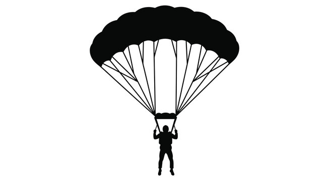 A striking silhouette depicts a skydiver gracefully descending with a fully deployed parachute high quality