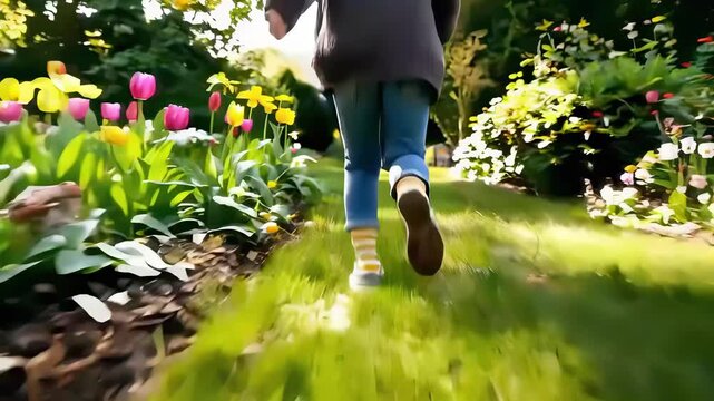Individual in gray coat and blue jeans walks along a garden path surrounded by blooming tulips and lush greenery, capturing the essence of spring with vibrant colors and natural beauty