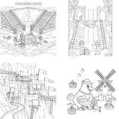 Fototapeta premium Whimsical outline illustration of dutch windmill and bird with top hat and cane with black and white