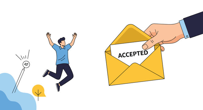 Happy man jumping for joy while a giant hand holds an open envelope with an accepted message for a new job or school admission.