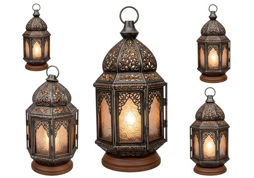 A group of intricately designed metal lanterns with wooden bases