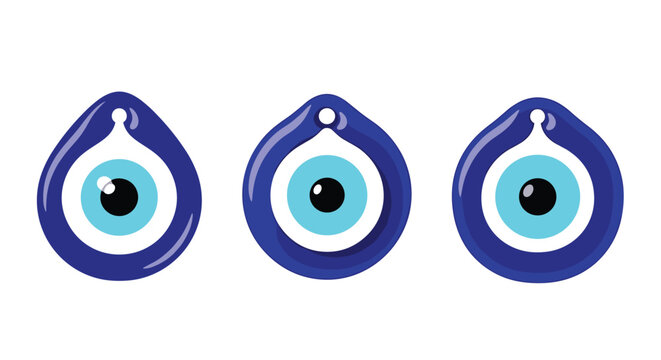 Three traditional blue and white glass evil eye talismans or nazar amulets for protection isolated on a white background.