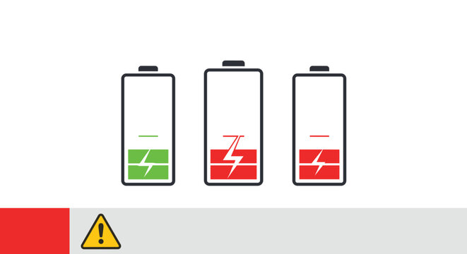Set of three battery icons showing different charge levels and a warning sign indicating low power or technical issues.