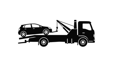Fototapeta premium A black silhouette depicts a tow truck transporting a smaller vehicle on a flatbed