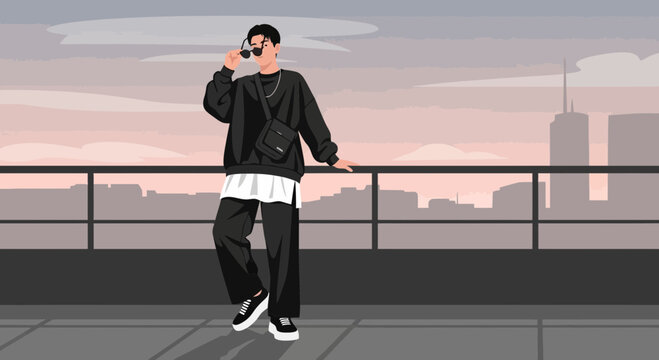 Stylish Young Man in Trendy Streetwear Posing on Rooftop with Cityscape Background