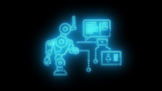 Glowing blue neon illustration of a robot interacting with computer and technology elements on a black background with a futuristic mood.