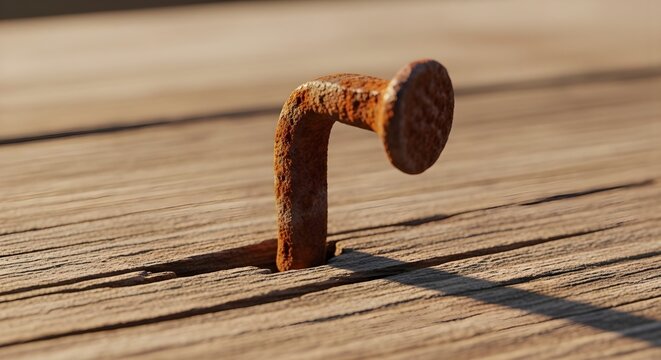 Rusty bent nail on wooden surface, minimal concept of damage and repair, construction detail, macro texture, industrial imperfection theme